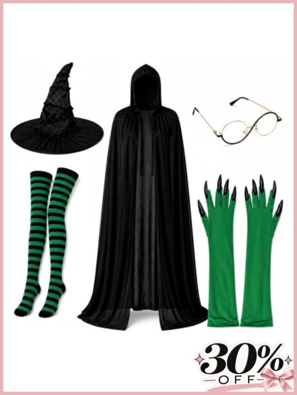 Halloween Witch Costume Accessory Set - Hat Gloves Stockings Cloak Glasses